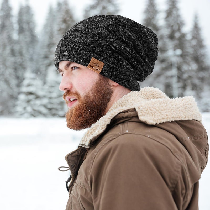 PAGE ONE Mens Winter Slouchy Beanie Warm Fleece Lined Skull Cap Baggy Cable Knit Hat - Image 5